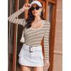Ekouaer Womens Long Sleeve Shirts Square Neck Slim Fit Basic Tops Ribbed Thermal Undershirts Layering Tee(White Brown Stripe)