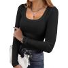 Ekouaer Womens Long Sleeve Shirts Square Neck Slim Fit Basic Tops Ribbed Thermal Undershirts Layering Tee(Black)