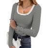 Ekouaer Womens Long Sleeve Shirts Square Neck Slim Fit Basic Tops Ribbed Thermal Undershirts Layering Tee(Black White Stripe)