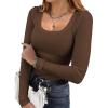 Ekouaer Womens Long Sleeve Shirts Square Neck Slim Fit Basic Tops Ribbed Thermal Undershirts Layering Tee(Brown)