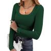 Ekouaer Womens Long Sleeve Shirts Square Neck Slim Fit Basic Tops Ribbed Thermal Undershirts Layering Tee(Deep Green)