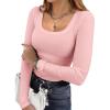 Ekouaer Womens Long Sleeve Shirts Square Neck Slim Fit Basic Tops Ribbed Thermal Undershirts Layering Tee(Pink)