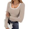 Ekouaer Womens Long Sleeve Shirts Square Neck Slim Fit Basic Tops Ribbed Thermal Undershirts Layering Tee(White Brown Stripe)