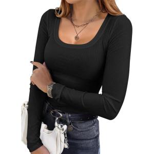 Ekouaer Womens Long Sleeve Shirts Square Neck Slim Fit Basic Tops Ribbed Thermal Undershirts Layering Tee(Black)