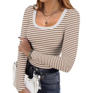 Ekouaer Womens Long Sleeve Shirts Square Neck Slim Fit Basic Tops Ribbed Thermal Undershirts Layering Tee(White Brown Stripe)