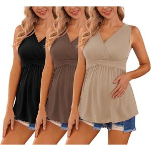 Ekouaer Women’s Maternity Tank Tops 3 Packs Sleeveless Nursing Tops V Neck Breastfeeding Shirts Pregnancy Clothes(Black / Brown / Khaki(3pcs))