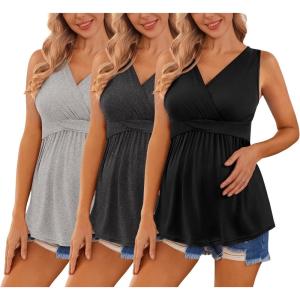 Ekouaer Women’s Maternity Tank Tops 3 Packs Sleeveless Nursing Tops V Neck Breastfeeding Shirts Pregnancy Clothes(Black / Dark Grey / Light Grey(3pcs))