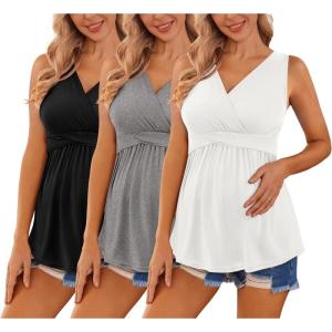 Ekouaer Women’s Maternity Tank Tops 3 Packs Sleeveless Nursing Tops V Neck Breastfeeding Shirts Pregnancy Clothes(Black / Grey / White(3pcs))