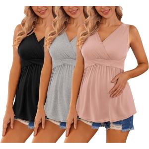 Ekouaer Women’s Maternity Tank Tops 3 Packs Sleeveless Nursing Tops V Neck Breastfeeding Shirts Pregnancy Clothes(Black / Light Grey / Pink(3pcs))