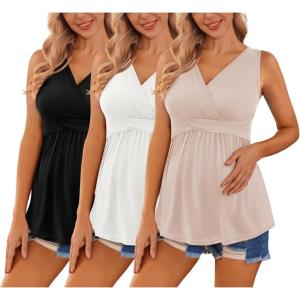 Ekouaer Women’s Maternity Tank Tops 3 Packs Sleeveless Nursing Tops V Neck Breastfeeding Shirts Pregnancy Clothes(Black / White / Beige(3pcs))