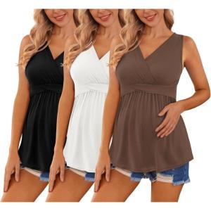 Ekouaer Women’s Maternity Tank Tops 3 Packs Sleeveless Nursing Tops V Neck Breastfeeding Shirts Pregnancy Clothes(Black / White / Brown(3pcs))