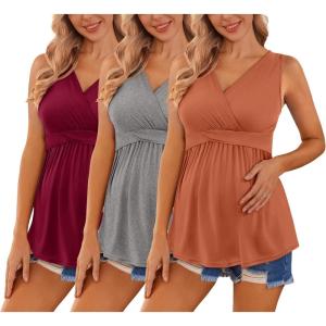 Ekouaer Women’s Maternity Tank Tops 3 Packs Sleeveless Nursing Tops V Neck Breastfeeding Shirts Pregnancy Clothes(Caramel / Grey / Wine Red(3pcs))