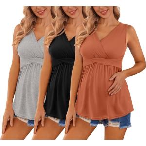 Ekouaer Women’s Maternity Tank Tops 3 Packs Sleeveless Nursing Tops V Neck Breastfeeding Shirts Pregnancy Clothes(Light Grey / Black / Caramel(3pcs))