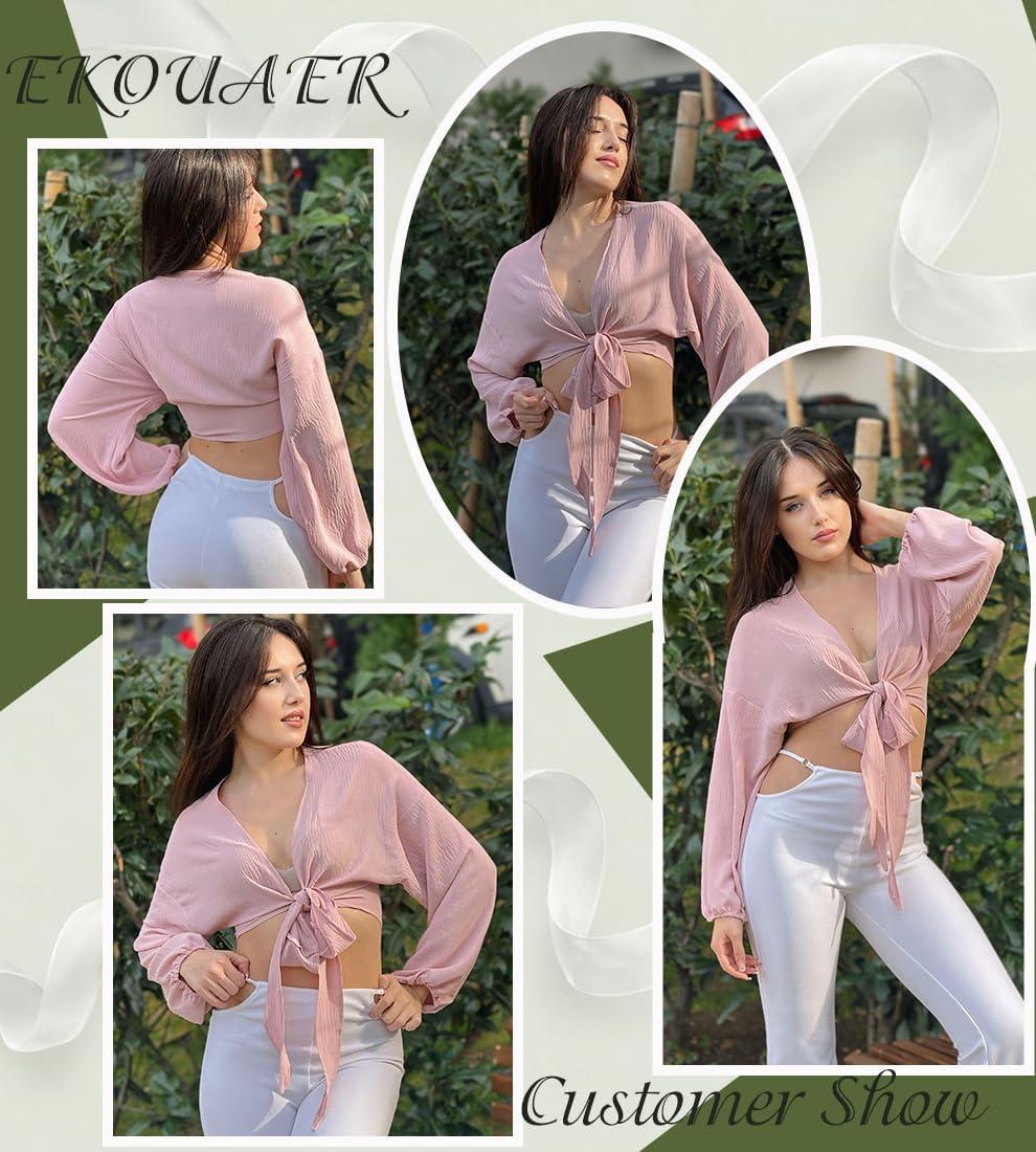 imageEkouaer Womens Swimsuit Cover Ups Tie Front Long Sleeve Top Kimono for Women Bikini Shirt Summer CardiganPink