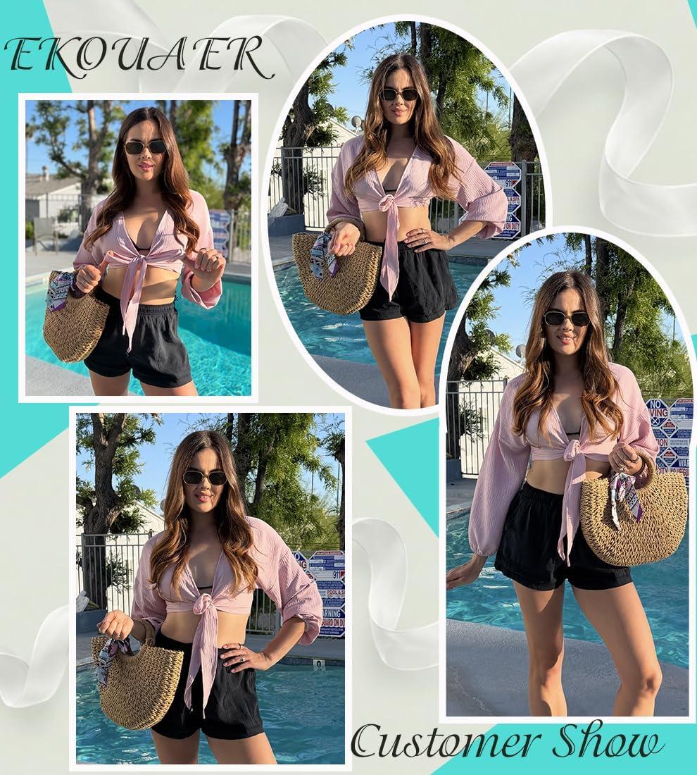 imageEkouaer Womens Swimsuit Cover Ups Tie Front Long Sleeve Top Kimono for Women Bikini Shirt Summer CardiganPink