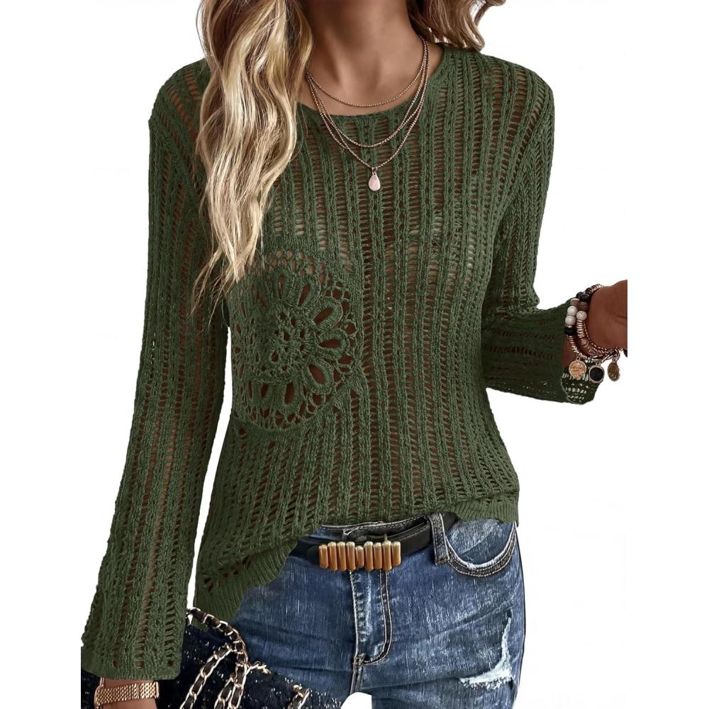 imageEkouaer Womens Crochet Cover up Top Hollow Out Floral Beach Cover ups 2026 Summer Sweater Vacation Cruise Outfits S2XLArmy Green