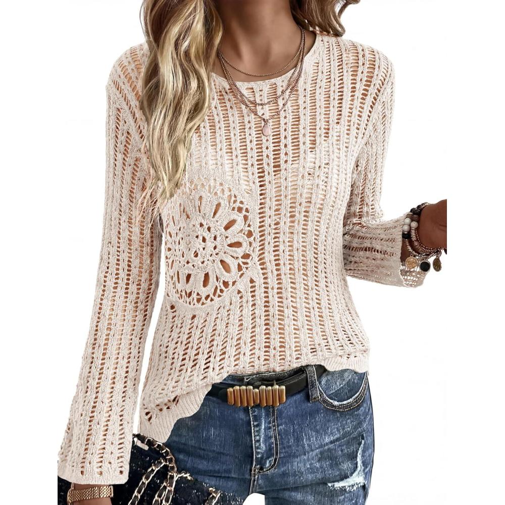 imageEkouaer Womens Crochet Cover up Top Hollow Out Floral Beach Cover ups 2026 Summer Sweater Vacation Cruise Outfits S2XLBeige