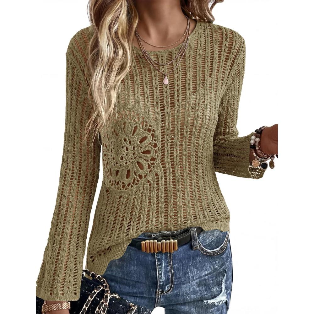 imageEkouaer Womens Crochet Cover up Top Hollow Out Floral Beach Cover ups 2026 Summer Sweater Vacation Cruise Outfits S2XLKhaki