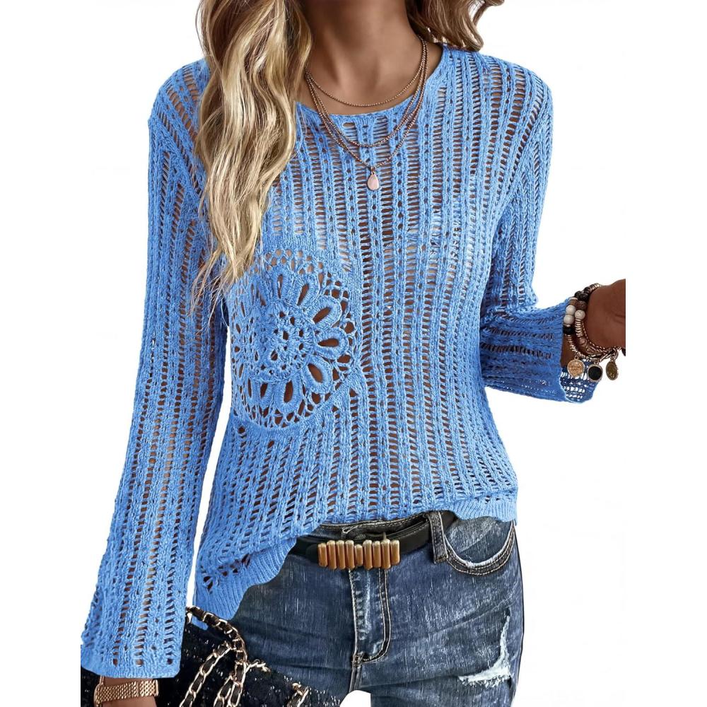 imageEkouaer Womens Crochet Cover up Top Hollow Out Floral Beach Cover ups 2026 Summer Sweater Vacation Cruise Outfits S2XLLight Blue