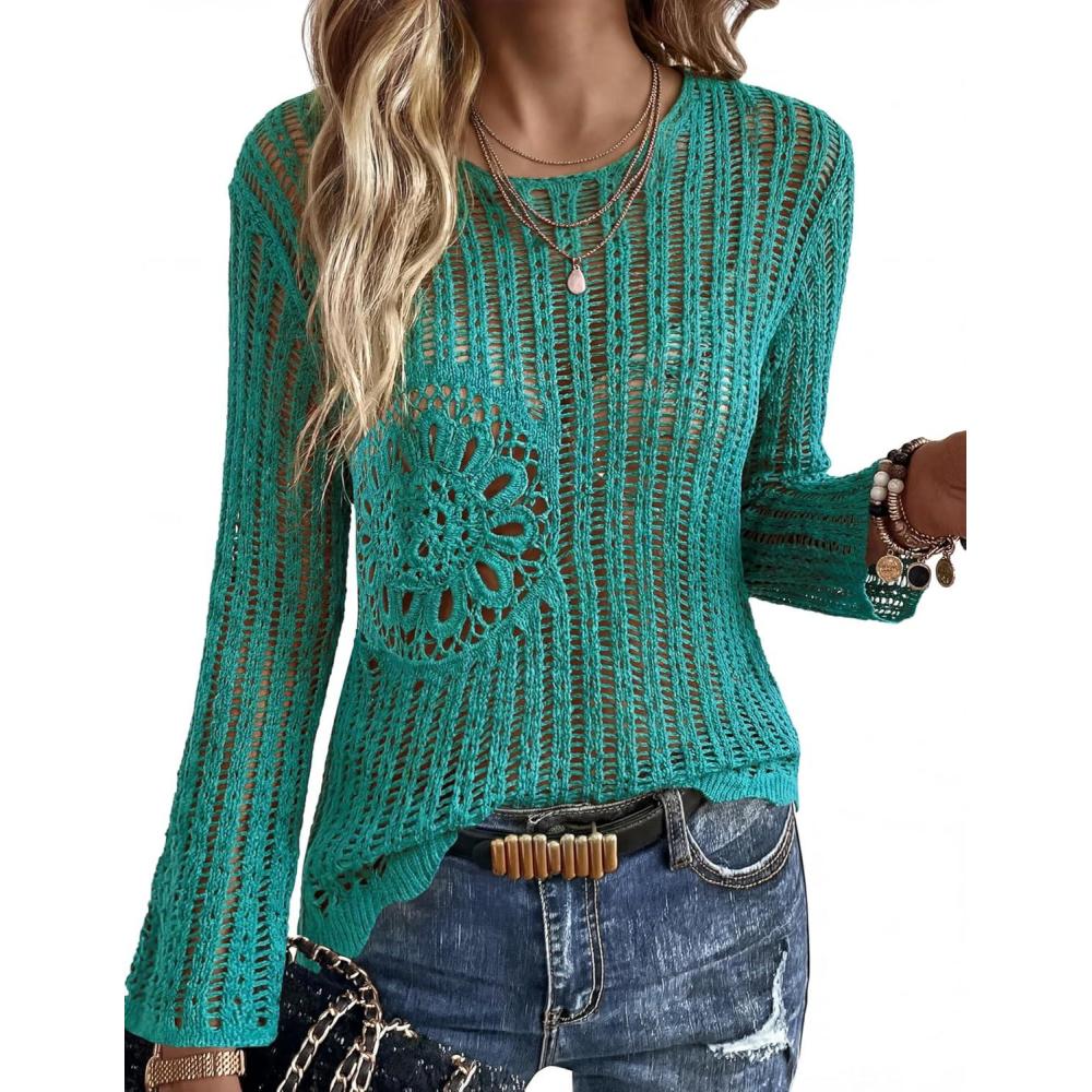 imageEkouaer Womens Crochet Cover up Top Hollow Out Floral Beach Cover ups 2026 Summer Sweater Vacation Cruise Outfits S2XLPorcelain Green