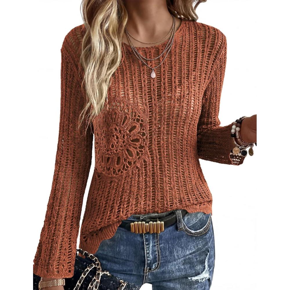 imageEkouaer Womens Crochet Cover up Top Hollow Out Floral Beach Cover ups 2026 Summer Sweater Vacation Cruise Outfits S2XLTerracotta