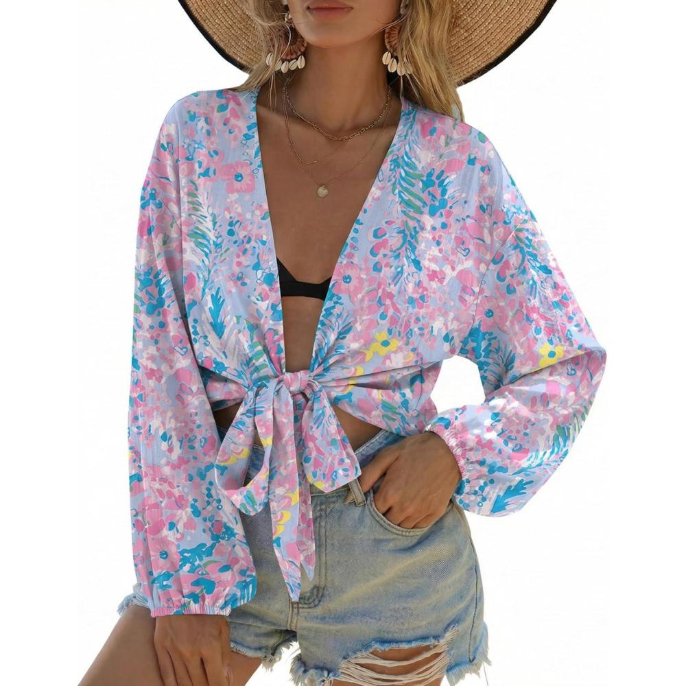 imageEkouaer Womens Swimsuit Cover Ups Tie Front Long Sleeve Top Kimono for Women Bikini Shirt Summer CardiganColor Printing