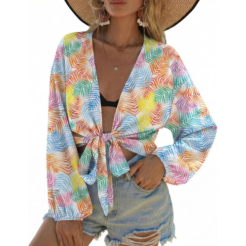 imageEkouaer Womens Swimsuit Cover Ups Tie Front Long Sleeve Top Kimono for Women Bikini Shirt Summer CardiganMulticolor Leaves
