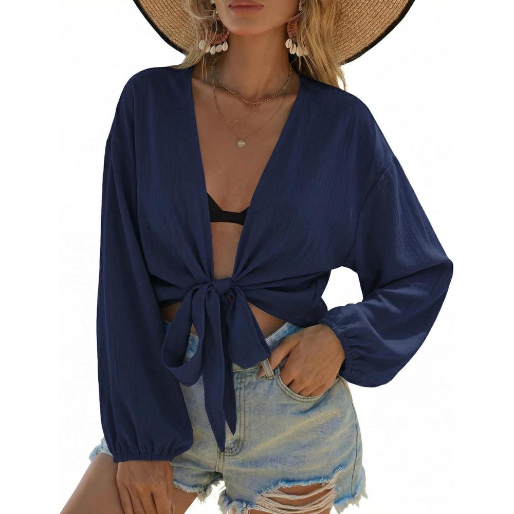 imageEkouaer Womens Swimsuit Cover Ups Tie Front Long Sleeve Top Kimono for Women Bikini Shirt Summer CardiganNavy Blue