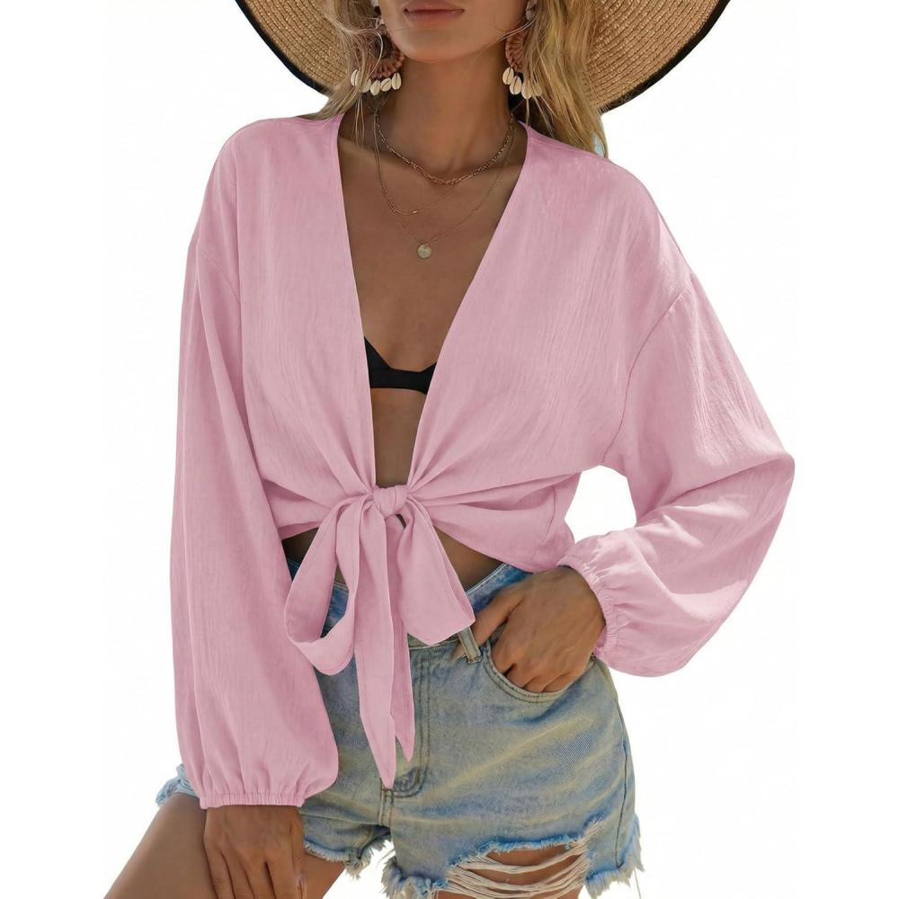 imageEkouaer Womens Swimsuit Cover Ups Tie Front Long Sleeve Top Kimono for Women Bikini Shirt Summer CardiganPink