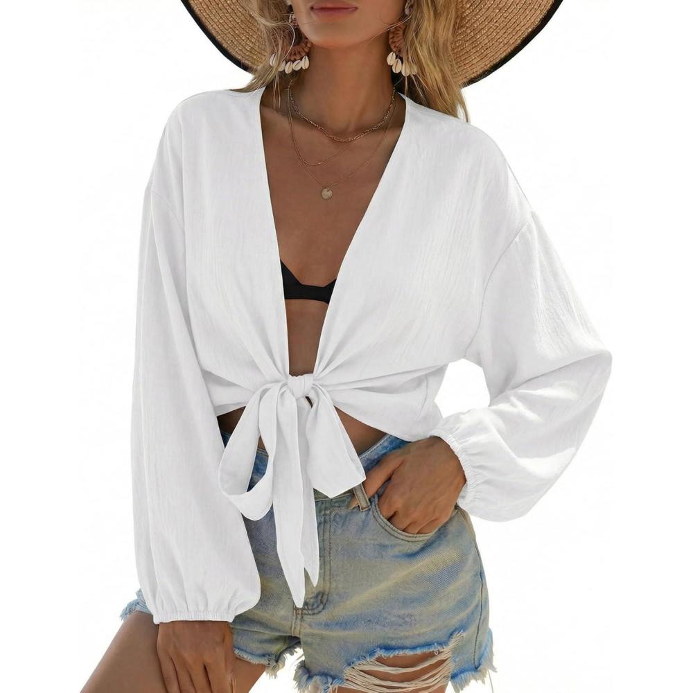 imageEkouaer Womens Swimsuit Cover Ups Tie Front Long Sleeve Top Kimono for Women Bikini Shirt Summer CardiganWhite