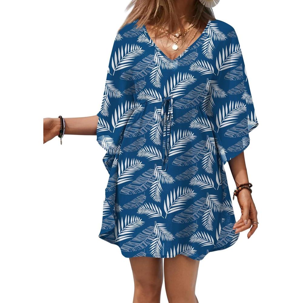 imageEkouaer Womens Swimsuit Coverup 2026 Sheer Chiffon Floral Print Sexy Bathing Suit Cover Up Swimwear BeachwearBlue White Leaf