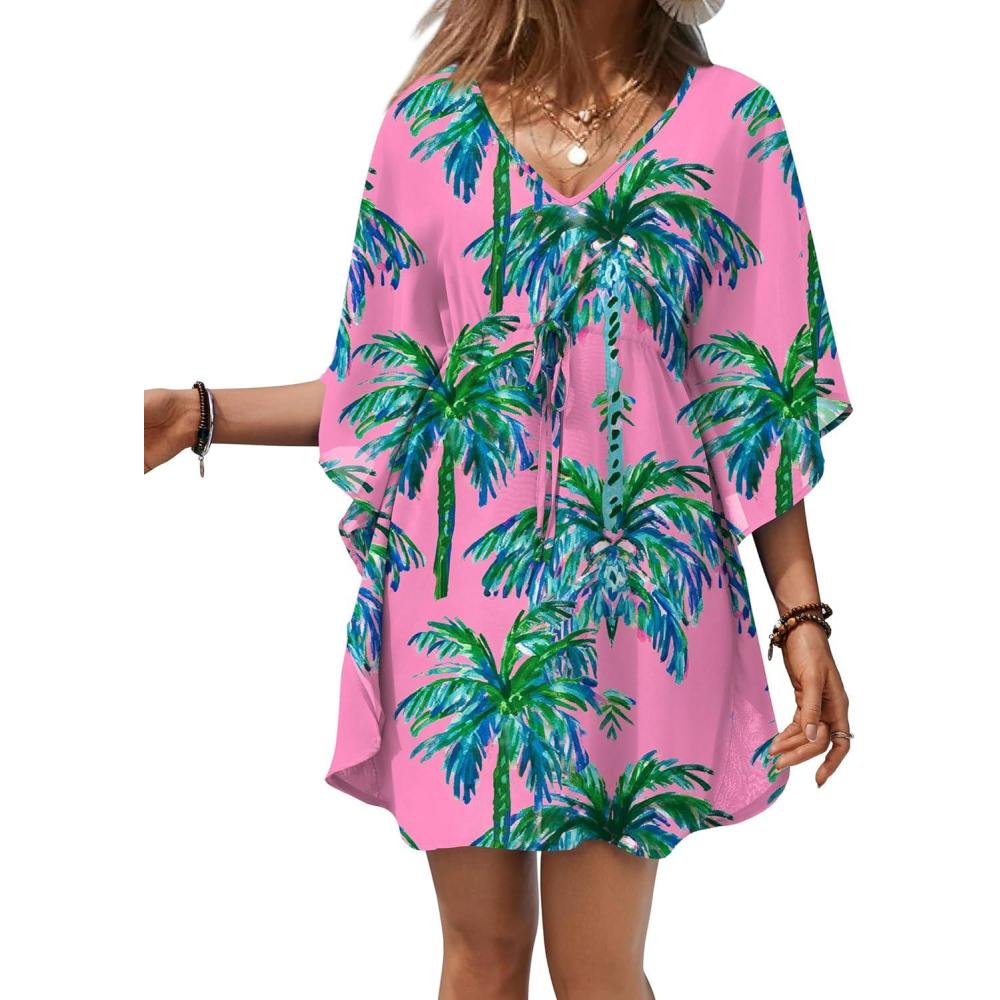 imageEkouaer Womens Swimsuit Coverup 2026 Sheer Chiffon Floral Print Sexy Bathing Suit Cover Up Swimwear BeachwearPink Coconut Tree