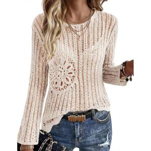 Ekouaer Womens Crochet Cover up Top Hollow Out Floral Beach Cover ups 2026 Summer Sweater Vacation Cruise Outfits S-2XL(Beige)