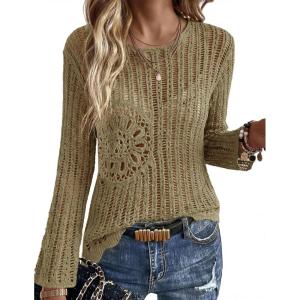 Ekouaer Womens Crochet Cover up Top Hollow Out Floral Beach Cover ups 2026 Summer Sweater Vacation Cruise Outfits S-2XL(Khaki)