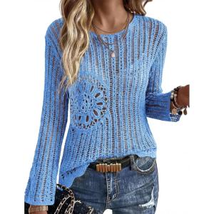 Ekouaer Womens Crochet Cover up Top Hollow Out Floral Beach Cover ups 2026 Summer Sweater Vacation Cruise Outfits S-2XL(Light Blue)