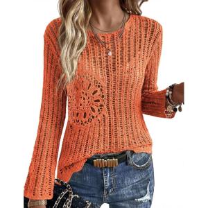 Ekouaer Womens Crochet Cover up Top Hollow Out Floral Beach Cover ups 2026 Summer Sweater Vacation Cruise Outfits S-2XL(Orange)