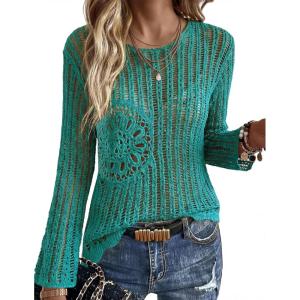 Ekouaer Womens Crochet Cover up Top Hollow Out Floral Beach Cover ups 2026 Summer Sweater Vacation Cruise Outfits S-2XL(Porcelain Green)
