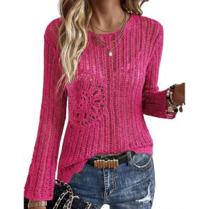 Ekouaer Womens Crochet Cover up Top Hollow Out Floral Beach Cover ups 2026 Summer Sweater Vacation Cruise Outfits S-2XL(Rose Pink)