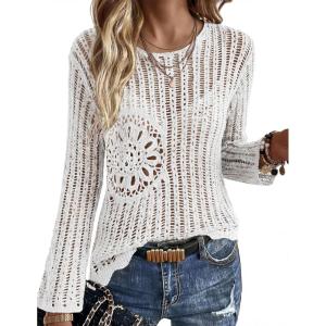 Ekouaer Womens Crochet Cover up Top Hollow Out Floral Beach Cover ups 2026 Summer Sweater Vacation Cruise Outfits S-2XL(White)