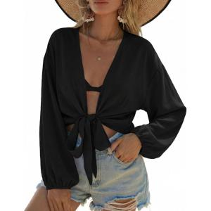 Ekouaer Women’s Swimsuit Cover Ups Tie Front Long Sleeve Top Kimono for Women Bikini Shirt Summer Cardigan(Black)