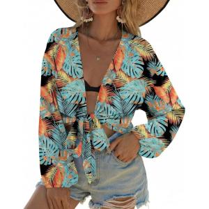 Ekouaer Women’s Swimsuit Cover Ups Tie Front Long Sleeve Top Kimono for Women Bikini Shirt Summer Cardigan(Green Leaves)