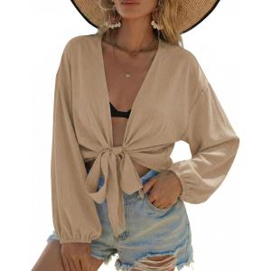 Ekouaer Women’s Swimsuit Cover Ups Tie Front Long Sleeve Top Kimono for Women Bikini Shirt Summer Cardigan(Khaki)