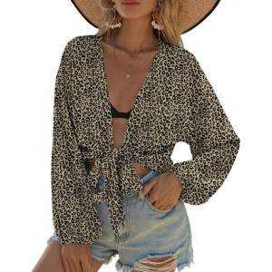 Ekouaer Women’s Swimsuit Cover Ups Tie Front Long Sleeve Top Kimono for Women Bikini Shirt Summer Cardigan(Leopard Print)