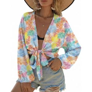 Ekouaer Women’s Swimsuit Cover Ups Tie Front Long Sleeve Top Kimono for Women Bikini Shirt Summer Cardigan(Multicolor Leaves)