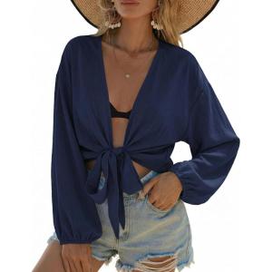 Ekouaer Women’s Swimsuit Cover Ups Tie Front Long Sleeve Top Kimono for Women Bikini Shirt Summer Cardigan(Navy Blue)