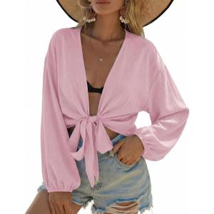 Ekouaer Women’s Swimsuit Cover Ups Tie Front Long Sleeve Top Kimono for Women Bikini Shirt Summer Cardigan(Pink)