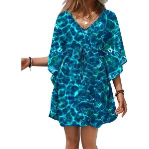 Ekouaer Womens Swimsuit Coverup 2026 Sheer Chiffon Floral Print Sexy Bathing Suit Cover Up Swimwear Beachwear(Green Water Ripples)