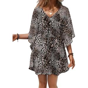 Ekouaer Womens Swimsuit Coverup 2026 Sheer Chiffon Floral Print Sexy Bathing Suit Cover Up Swimwear Beachwear(Leopard)