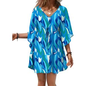 Ekouaer Womens Swimsuit Coverup 2026 Sheer Chiffon Floral Print Sexy Bathing Suit Cover Up Swimwear Beachwear(Mixed Blue)
