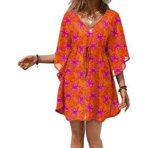 Ekouaer Womens Swimsuit Coverup 2026 Sheer Chiffon Floral Print Sexy Bathing Suit Cover Up Swimwear Beachwear(Orange Floarl)